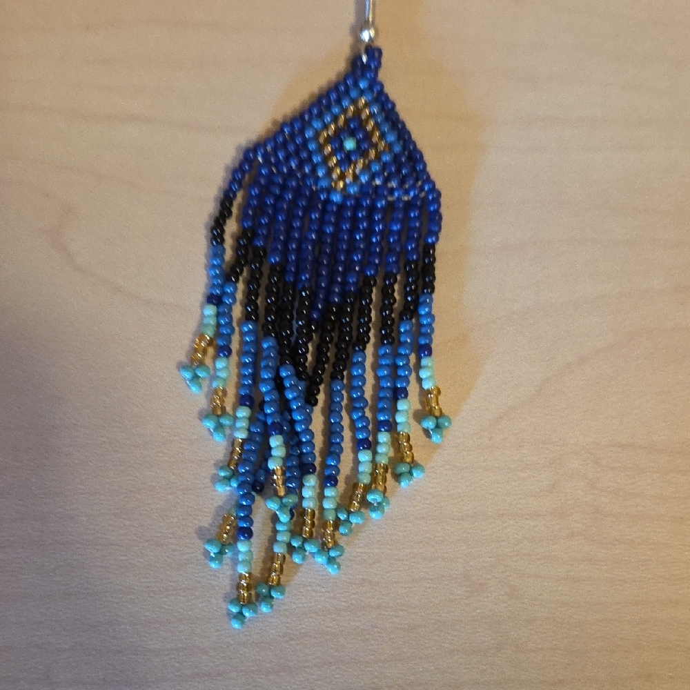 Pair of Beaded Fringe Earrings in Blue, Black,  and Gold - Picture 3 of 3